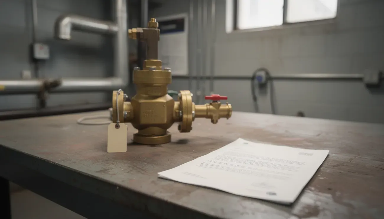 A backflow test notice lying on a mechanical room bench beside a brass backflow preventer with a tag
