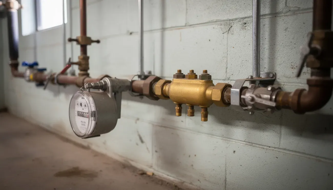 A brass double check backflow preventer installed just downstream of a water meter on a basement wall