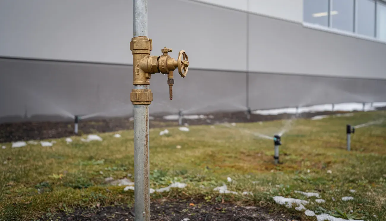 A pressure vacuum breaker on a riser beside a commercial building with sprinkler heads and lawn behind